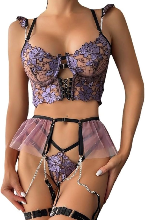 Women Sexy Lingerie Strap Lace Teddy Babydoll Sheer Bralette and Panty Set