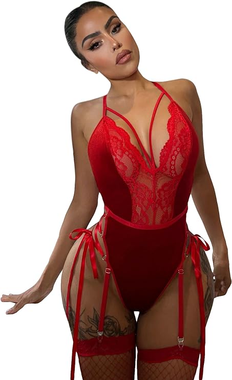 3 Piece Lingerie Set Lace Harness Teddy Bodysuit Hollow Out Crisscross Garter Babydolls with Stockings