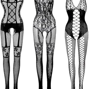 3 Packs Women Fishnet Bodysuits, Stockings Sleepwear Lingerie for Couple Dating Nightwear, Black
