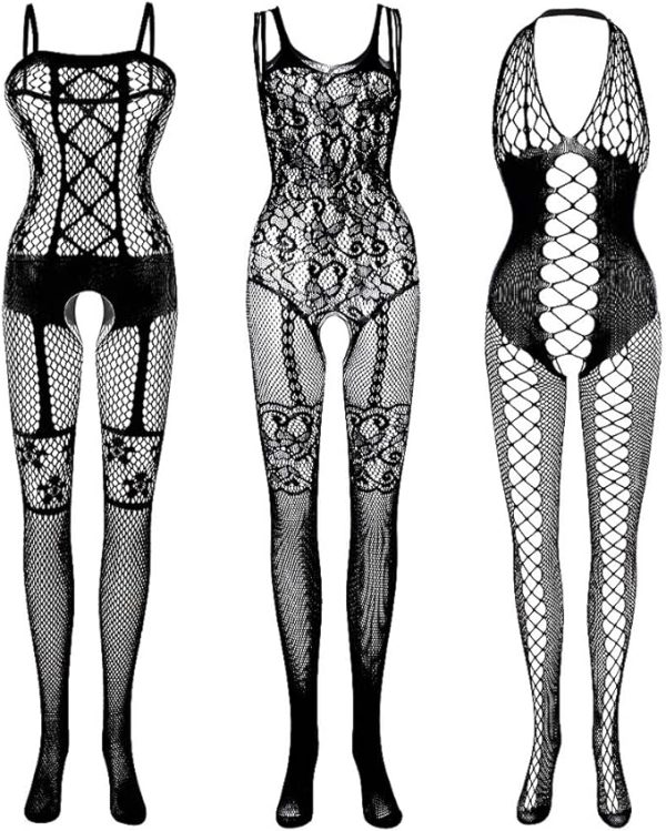 3 Packs Women Fishnet Bodysuits, Stockings Sleepwear Lingerie for Couple Dating Nightwear, Black