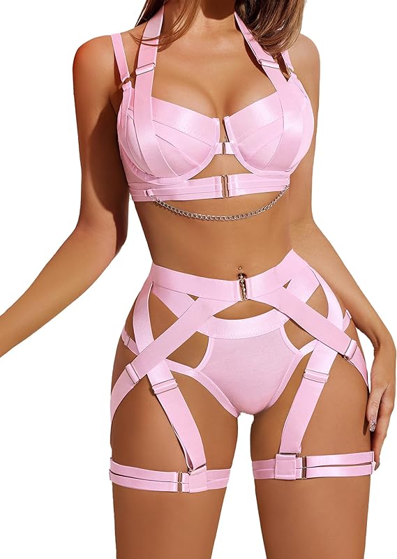 Lingerie Set for Women Sexy Strappy Lingerie Underwire Push Up Bra Garter Set Lingerie with Chain