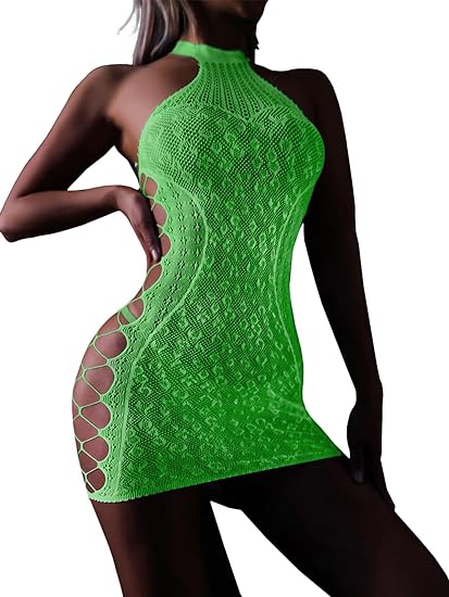 Mini Dress Fishnet Lingerie Dress High Neck Babydoll Halter Stretch