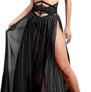 Lace Lingerie Set,Bra and Girdle with Long Sheer Mesh Nightgown with G-String 4 Piece Lingerie Set