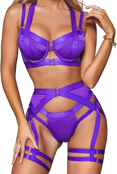 Strappy Harness, All Adjustable, Underwire Racerback, 4pc Garter Set