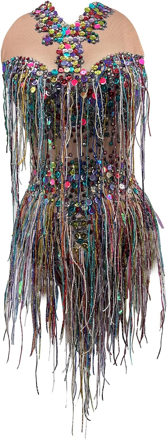 Sparkly Diamante Fringe Bodysuit Women Sexy Dancer Celebrate Outfit