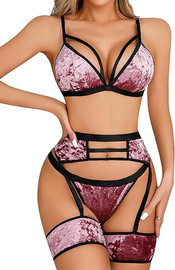 Lingerie Set with Garter Belt Matching Bra and Panty Lingeries Sets 4 Piece