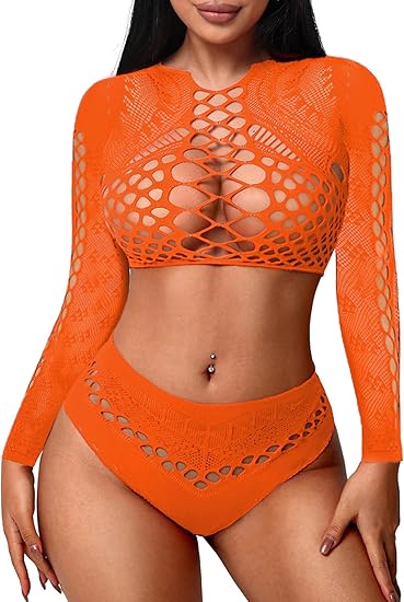 Fishnet Lingerie Sets Woman 2 Pcs Fishnet Outfit Sexy Lingerie Set Long Sleeve Fishnet Outfit