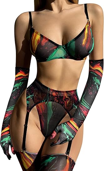 Lingerie Set Festival Rave Outfits Marble Print Tie Dye Lingerie Matching Bra Sets 5pc