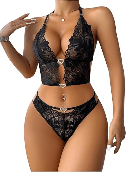 2 Piece Floral Lace Lingerie Set Heart Ring Linked Halter Sexy Bra and Thong Set