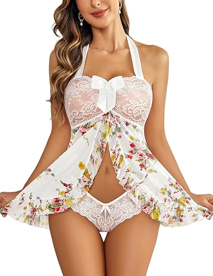 Lace Babydoll Open Front Sleepwear Halter Nighty Chemsie